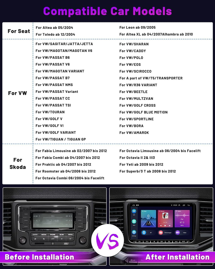2+64GB DAB/DAB+ Android Autoradio mit Navi für VW Golf Polo Passat Skoda Seat mit Wireless Carplay A