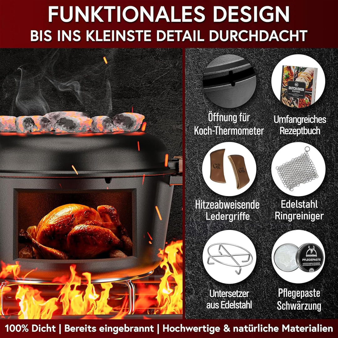 Dutch Oven–2in1 Eingebrannter Gusseisen Topf 4,8 L & Gusspfanne 1,8 L–Dutch Oven Set mit Schmortopf