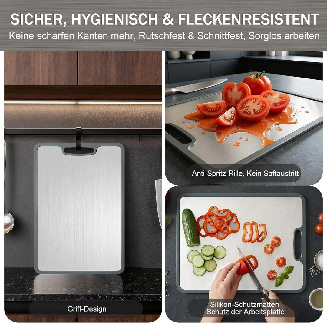 3 Stück Schneidebrett Titan Set, Schneidebrett Edelstahl mit Rutschfesten Silikonecken, Doppelseitig