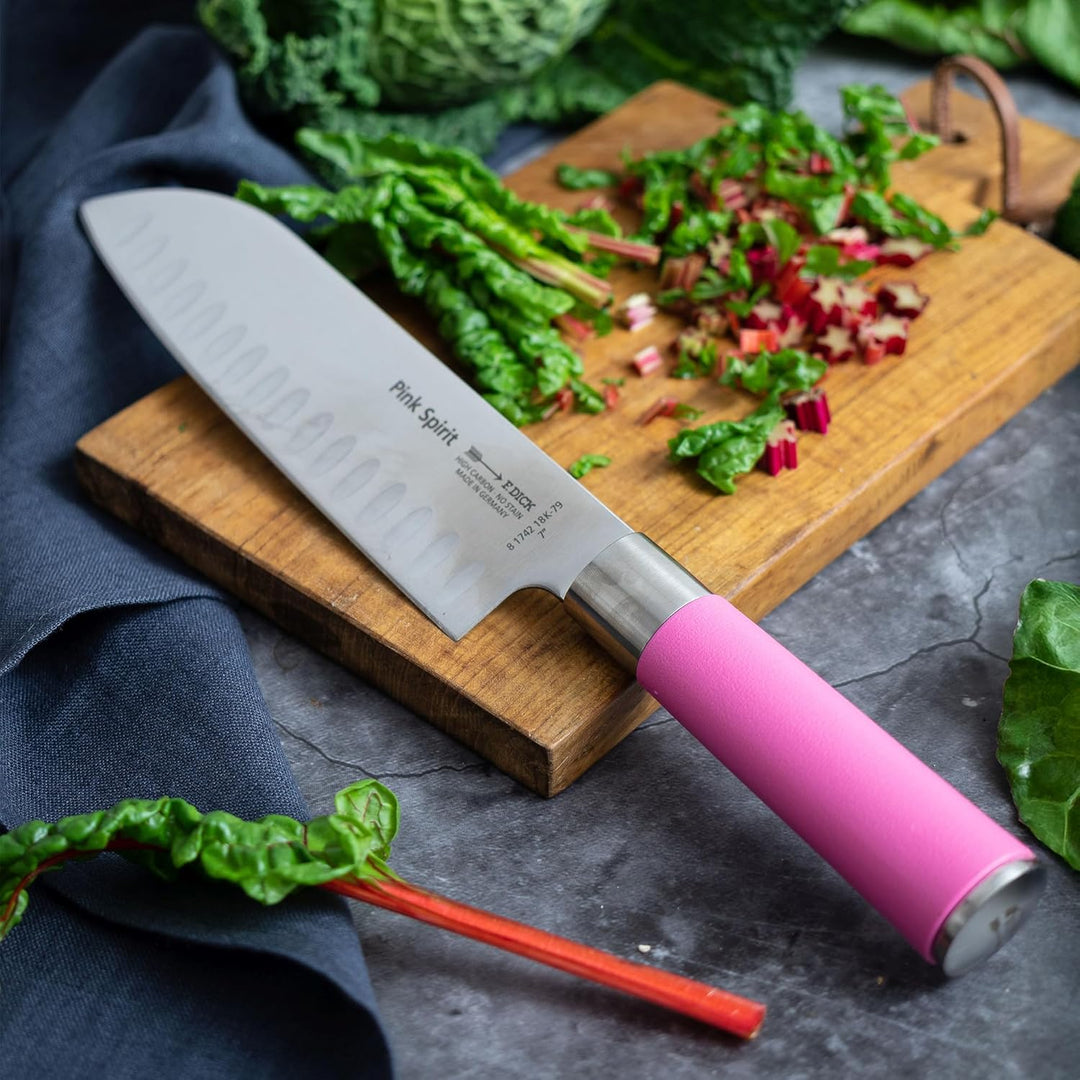 F. DICK Pink Spirit Santoku Messer (Klingenlänge 18 cm, Küchenmesser mit Kullenschliff, aus hochlegi