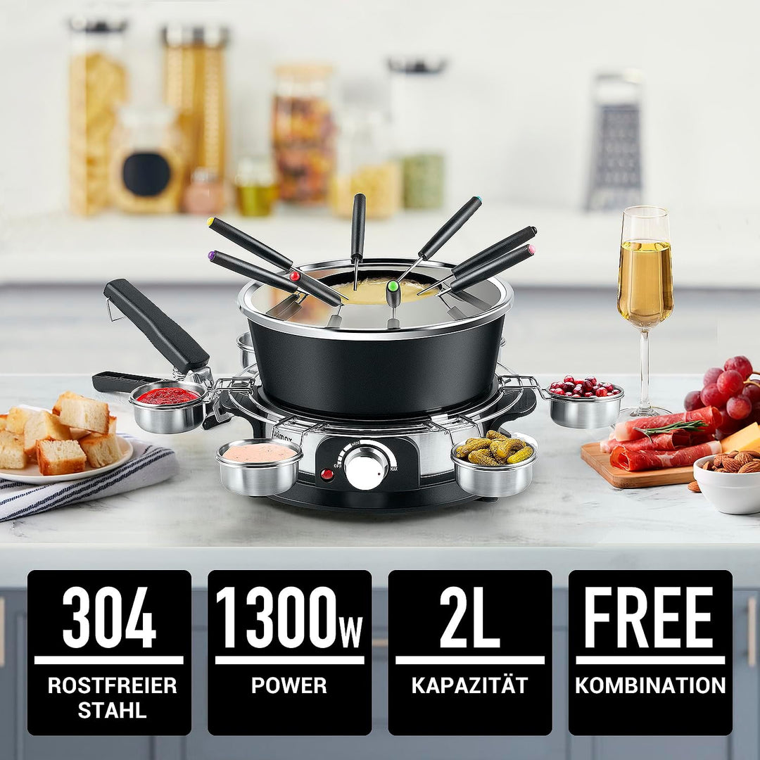 CUSIMAX Elektrisches Fondue-Set mit 1200W Leistungsregelung für Käse, Schokolade, Öl und Brühe, 2L A