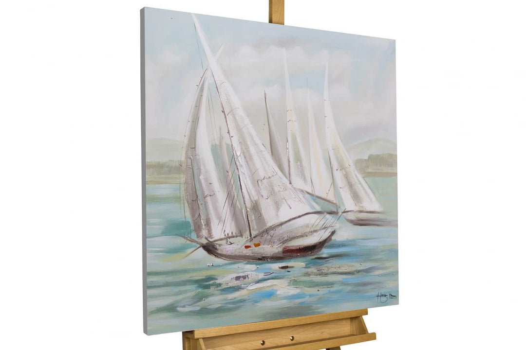 KunstLoft Leinwandbild | 100% HANDGEMALT | 80x80cm | Gemälde 'Riding the Waves' | Schiffe & Boote |