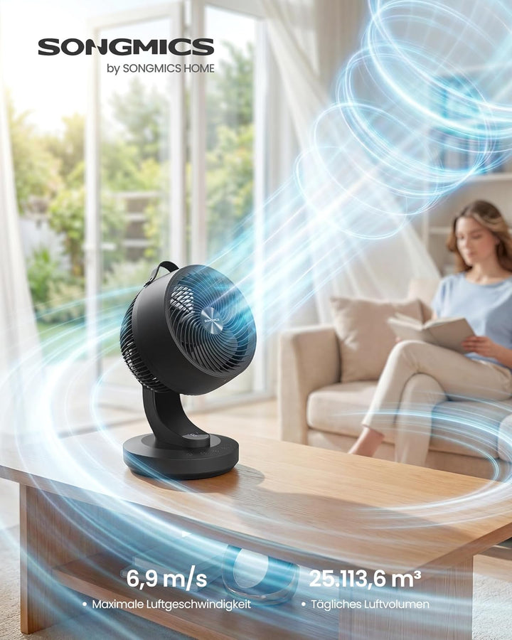 SONGMICS Tischventilator, Ventilator leise 20 dB, Luftzirkulator LED-Display, Fernbedienung, effizie