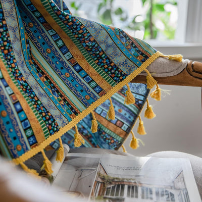 Freyamy Vorhang 160x150cm Boho Bunt Blau Baumwolle Leinen Landhausstil Vintage Vertikale Streifen Bl