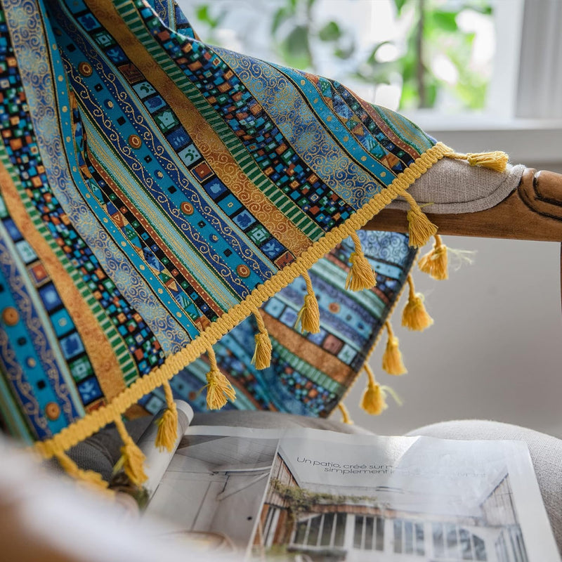 Freyamy Vorhang 160x150cm Boho Bunt Blau Baumwolle Leinen Landhausstil Vintage Vertikale Streifen Bl