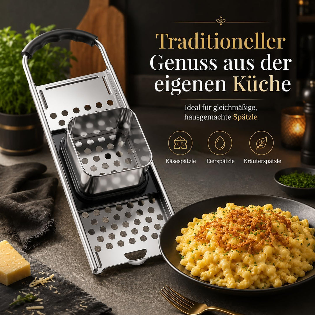 Edelstahl Spätzlehobel, Spätzlepresse mit Gummigriff, Spätzle Reibe, Spätzlehobel mit Teigschlitten,
