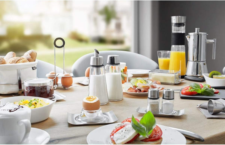 GEFU Salz und Pfefferstreuer Set BRUNCH mit Untersetzer, Glas konisch, dicht schliessender Aufsatz,