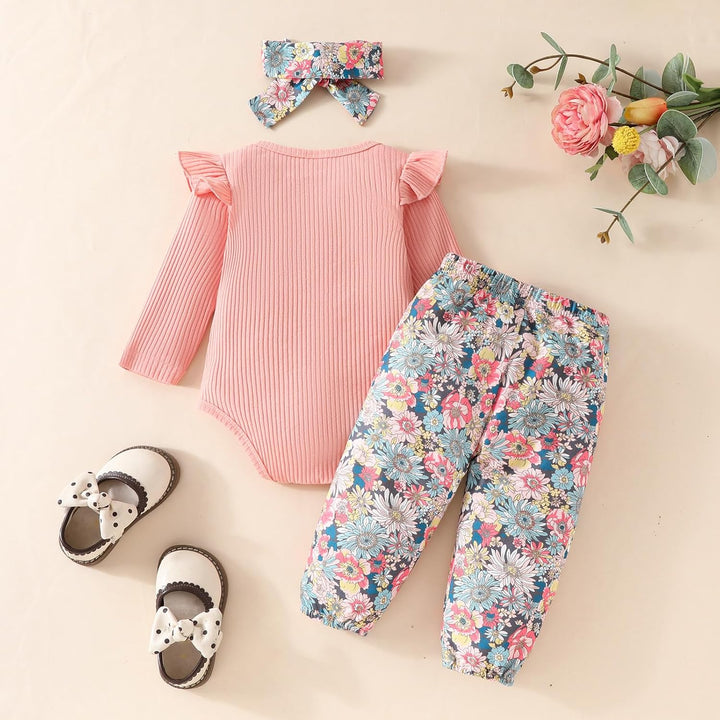 Neugeborenes Baby Mädchen Kleidung Kleinkind Gerippt Ruffle Lange Ärmel Strampler+ Floral Hosen+ Sti