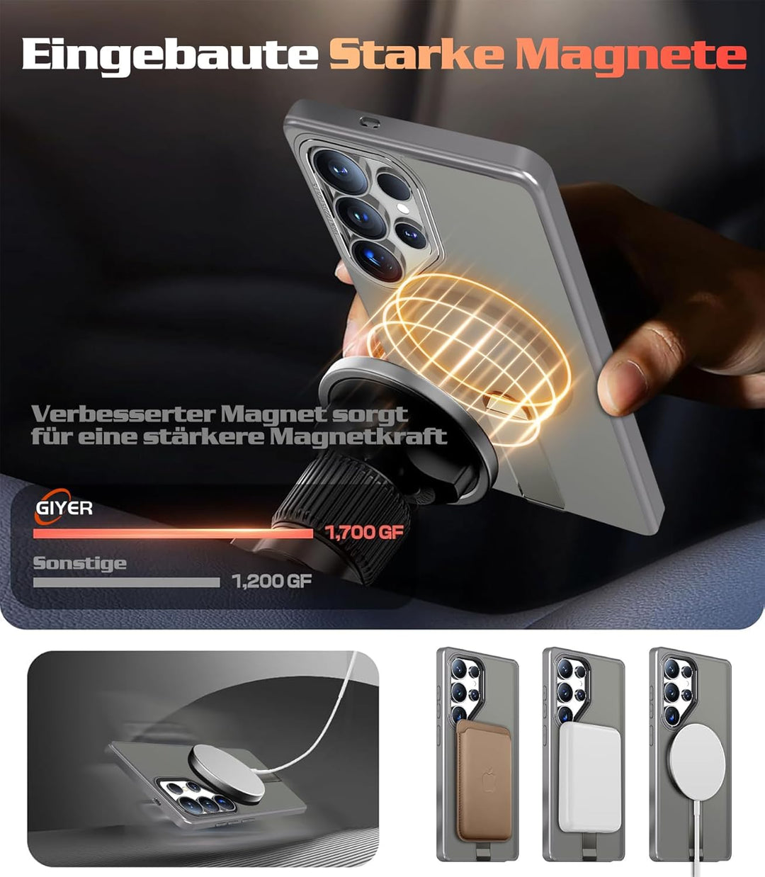 Giyer Magnetisch Handyhülle für Samsung Galaxy S24 Ultra Hülle mit Ständer Schutzfolie, Schutzhülle