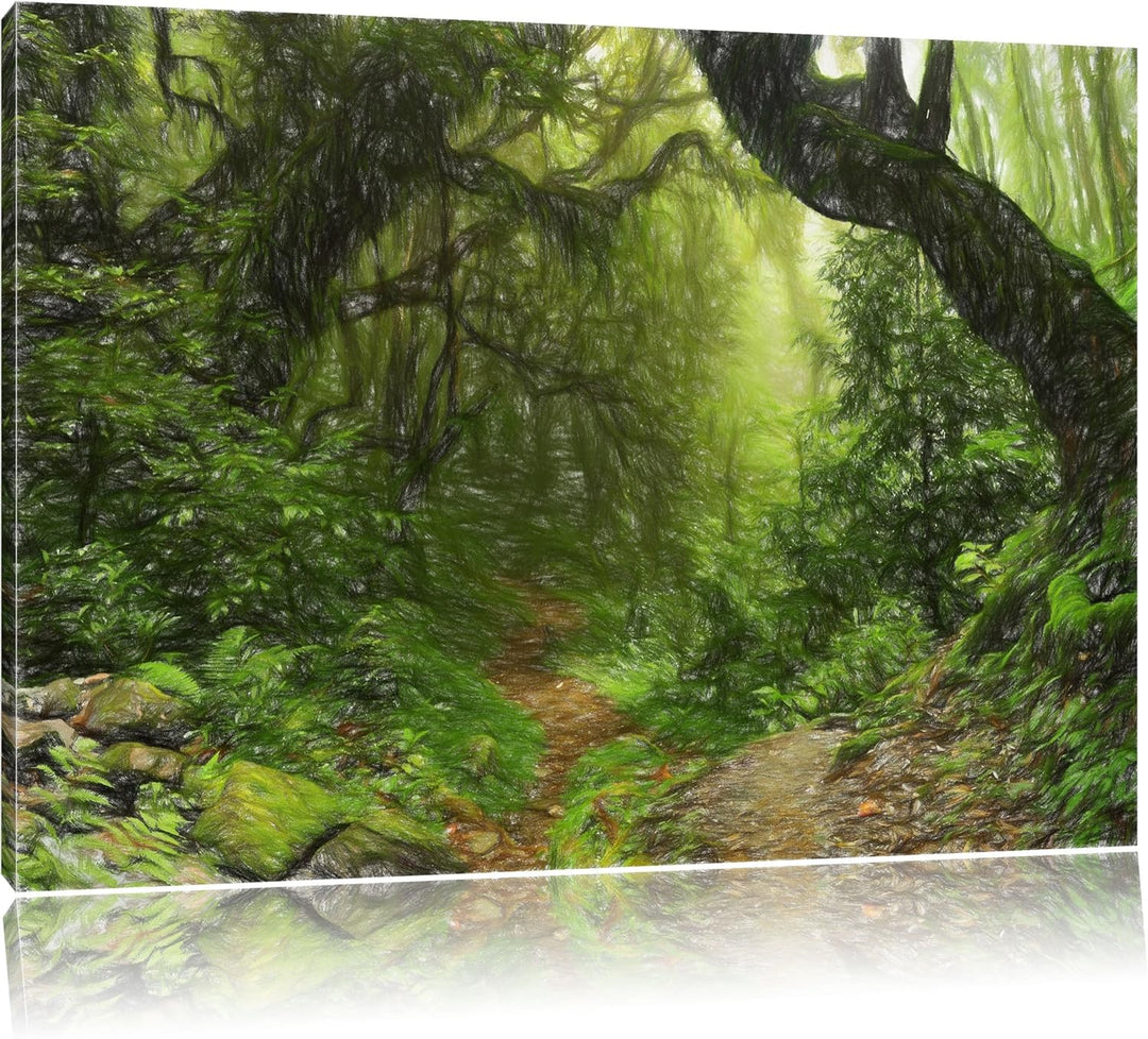 Pixxprint Mystischer Regenwald Bunstift Effekt, Format: 100x70 auf Leinwand, 100x70