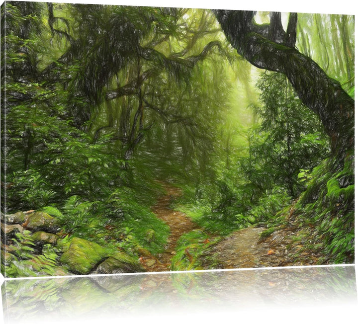 Pixxprint Mystischer Regenwald Bunstift Effekt, Format: 100x70 auf Leinwand, 100x70