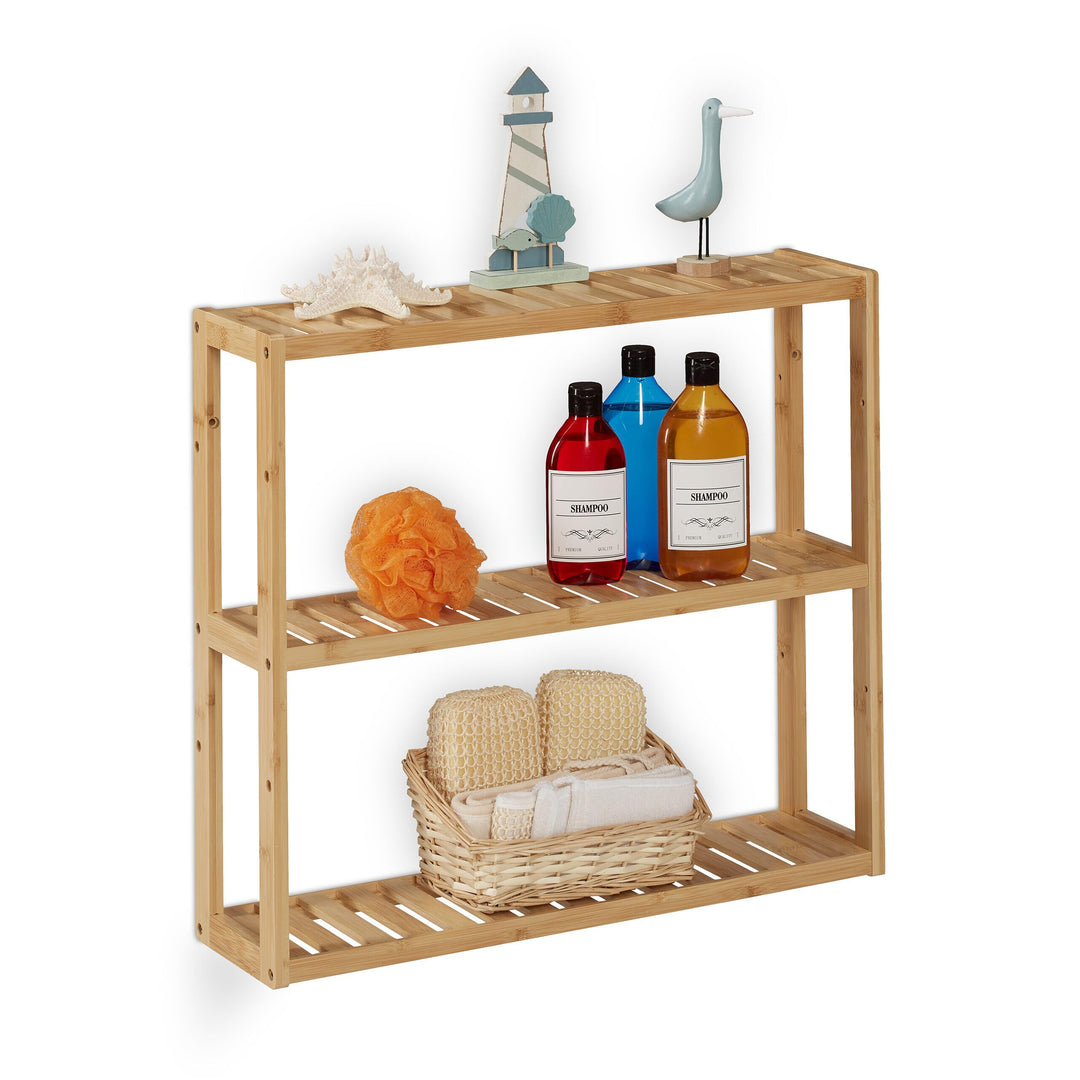 Relaxdays Badregal Bambus, 3 Ablagen, schmales Hängeregal, Natur | höhenverstellbar, HBT: 54 x 60 x