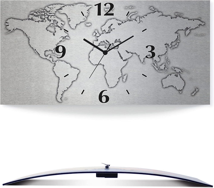 ARTLAND Wanduhr ohne Tickgeräusche Alu Quarzuhr Silber metallic lautlos 50x25 cm Rechteckig Weltkart