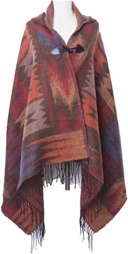 MeiPing Damenmode Croissant Button Bohemian Fringe Blended Kaschmir Kapuzen Cape Kaffee 1, Kaffee 1