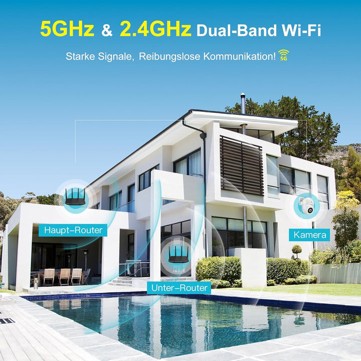 2,5K Überwachungskamera Aussen, 2,4/5GHz Kamera Überwachung mit Flutlicht, 360° Sichtbereich IP Kame