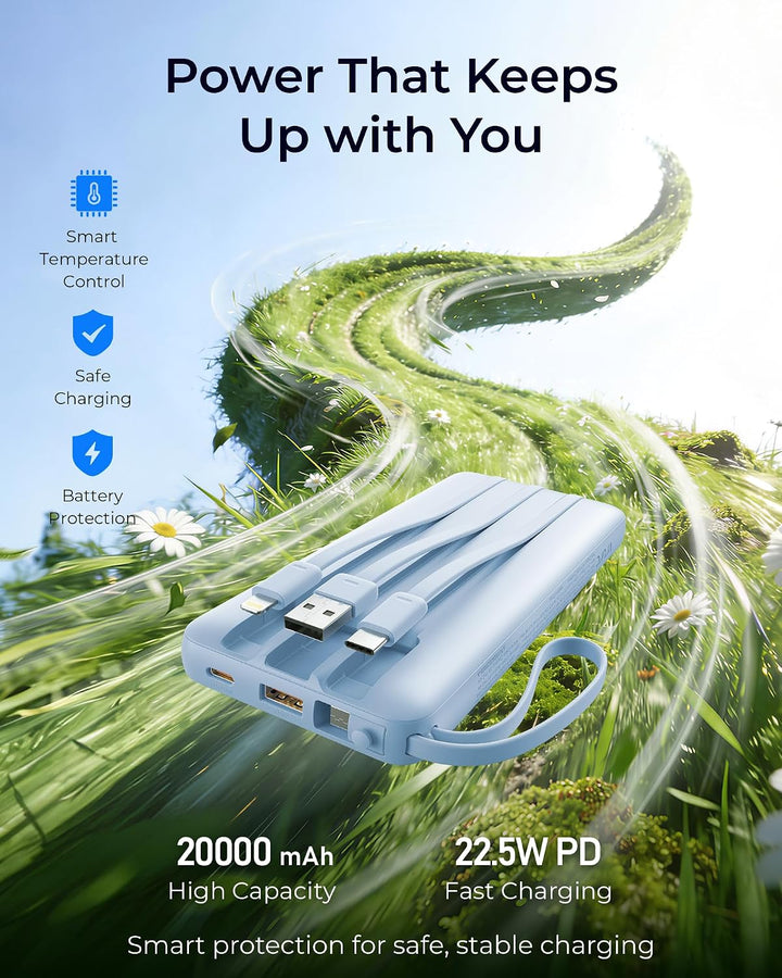 VRURC Powerbank 20000mAh mit Kabel USB C Power Bank Schnelles Aufladen 22.5W Tragbares Ladegerät Fas