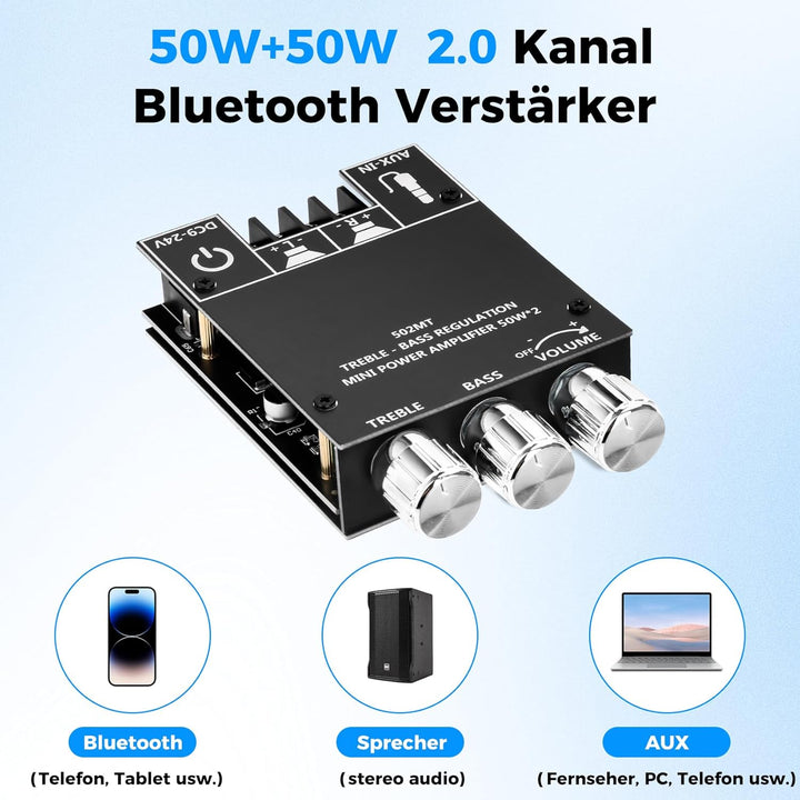 KKMOL 502MT 2x50W Bluetooth 5.0 Stereo Verstärker Board 2.0-Kanal Stereo Audio Empfänger Leistungsve