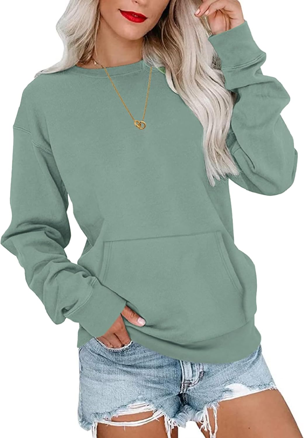 WNEEDU Damen Langarmshirts Lässige Sweatshirts mit Taschen Grün M, Grün M