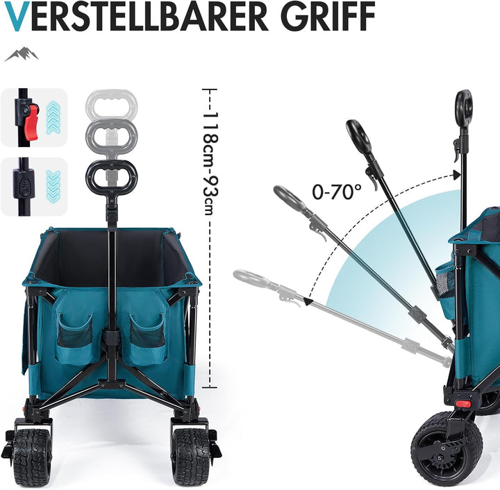PORTAL Bollerwagen faltbar XXXL 300L grösse Reifen 17x10cm mit Bremse Getränkehalter Seitentasche Fa