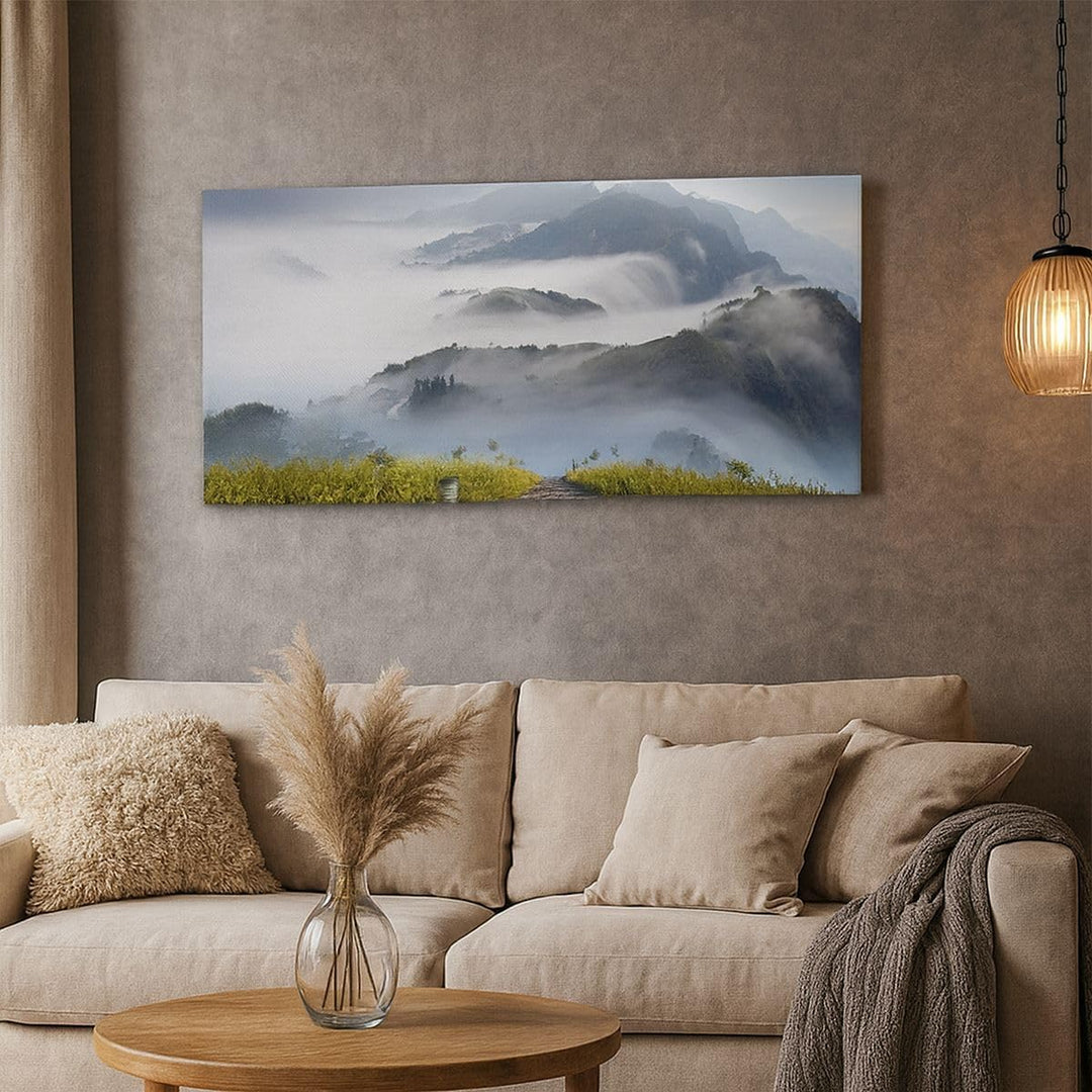 Wandbilder Dekoration Wohnzimmer Berg Nebel Landschaft Morgen Panorama Bilder auf Leinwand 120x50cm
