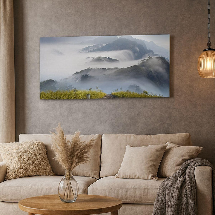 Wandbilder Dekoration Wohnzimmer Berg Nebel Landschaft Morgen Panorama Bilder auf Leinwand 120x50cm