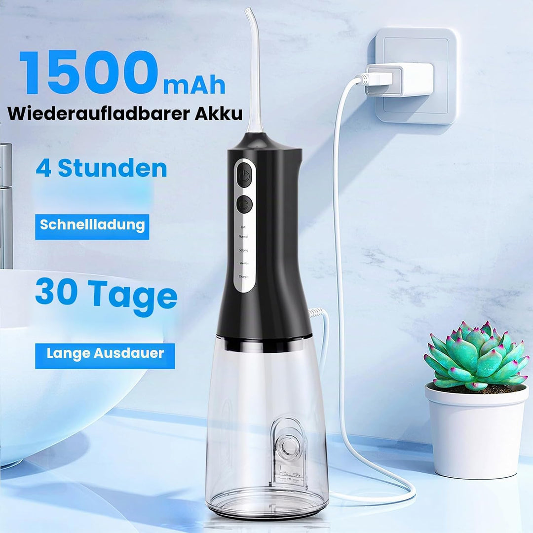 Munddusche Kabellos, 300ml Elektrische Zahndusche 4 Modi &amp; 4 Düsen, Aufladbarer Zahnzwischenraumrein