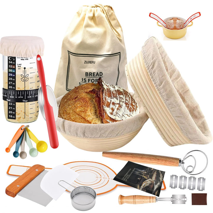 Brotbackset mit 2 Gärkörben (24 cm Rund & 25 cm Oval), inkl. Sauerteig-Glas, Brotschneider, Teigscha