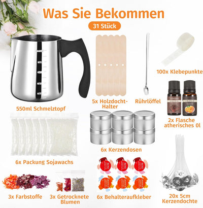 Anpro Kerzenherstellung Kit inklusive Sojawachs, Dochten, Schmelztiegel, Dosen, 3 Farbstoffe & 3 Art