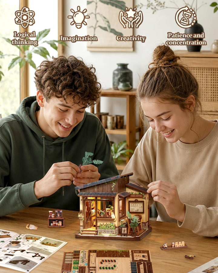 Book Nook Kit - Miniatur Puppenhaus mit LED: 3D Holz-Puzzle Buchstütze, Retro-Deko für Bücherregal,