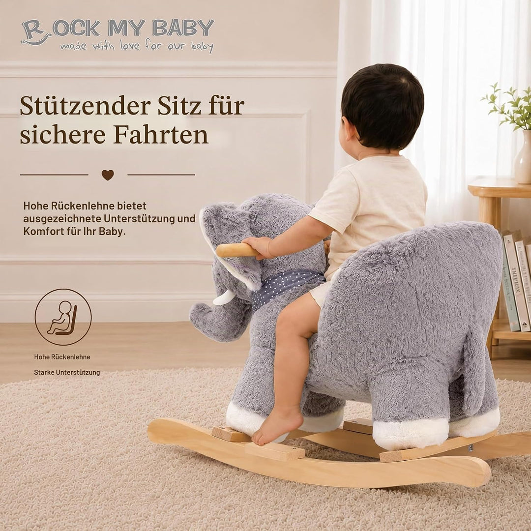 Plüsch Rocking Horse - weicher gefüllter Körper, Sicherheitssitz Stuhl, Holz Rockers, Musikknopf - K