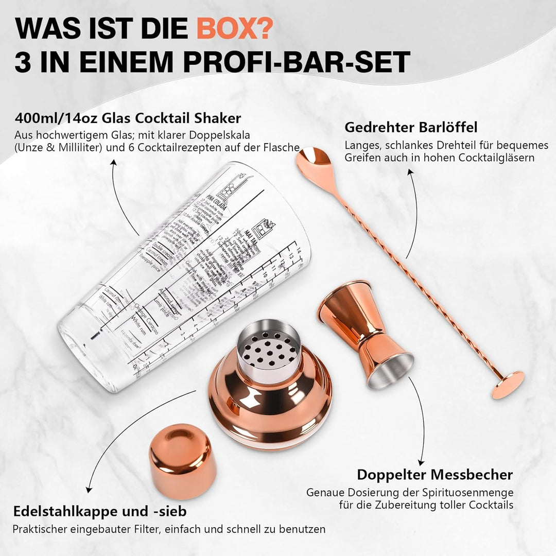 14oz Glas Cocktail Shaker Set, Margarita Mixer Shaker mit eingebautem Sieb und Messbecher & Mischlöf