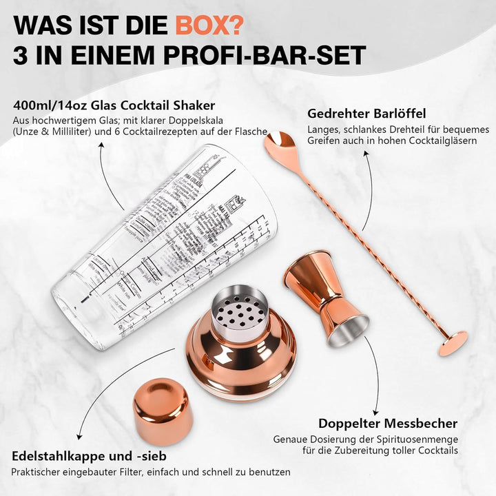14oz Glas Cocktail Shaker Set, Margarita Mixer Shaker mit eingebautem Sieb und Messbecher & Mischlöf