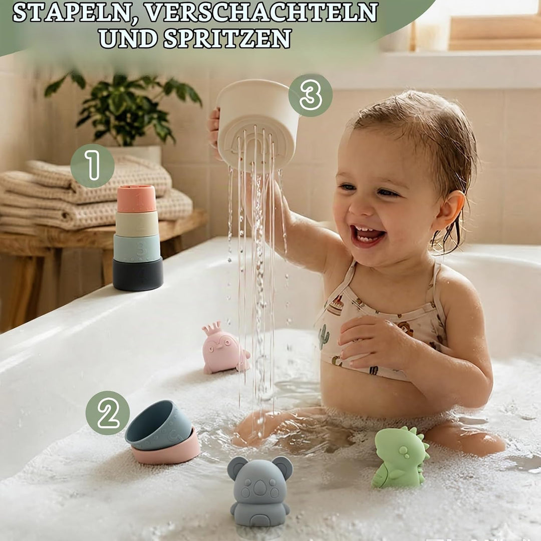 Badespielzeug Baby ab 1 2 3 4 Jahre, Badewannenspielzeug Silikon Wasserspielzeug mit Spritztiere Sta