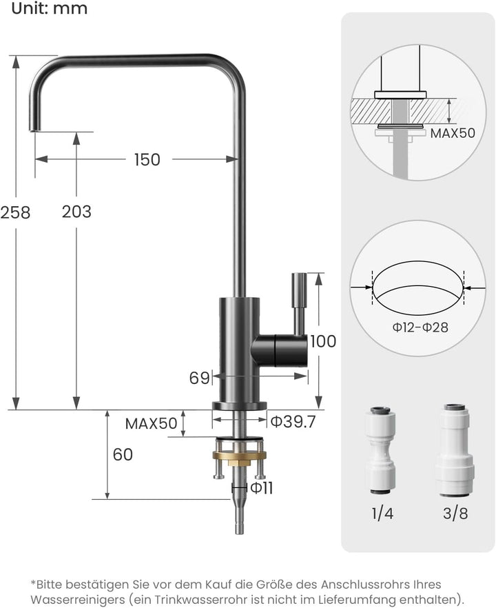 Trinkwasserhahn, Wasserhahn Küche Für Umkehrosmose Oder Wasserfiltersystem, Küchenarmatur Aus Edelst