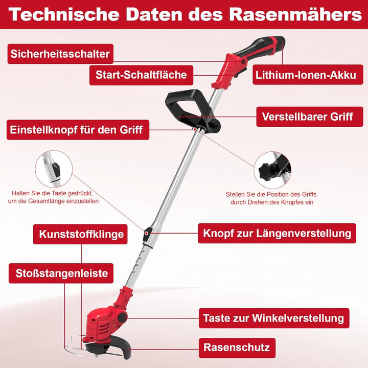 Akku Rasentrimmer mit Akku mit 3 Akkus und 3 Klingentypens