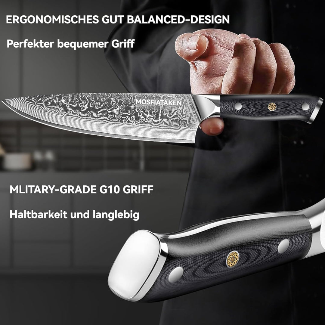 MOSFiATA Damastmesser Set 3PCS, Küchenmesserset aus VG10 Stahl - Inklusive 8" Kochmesser, 7" Santoku