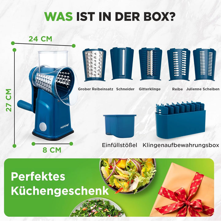 NutriChef Trommelreibe - mit Kurbel - Käsereibe inkl. 5 Trommelblättern - Ideal für Käse Gurken Karo