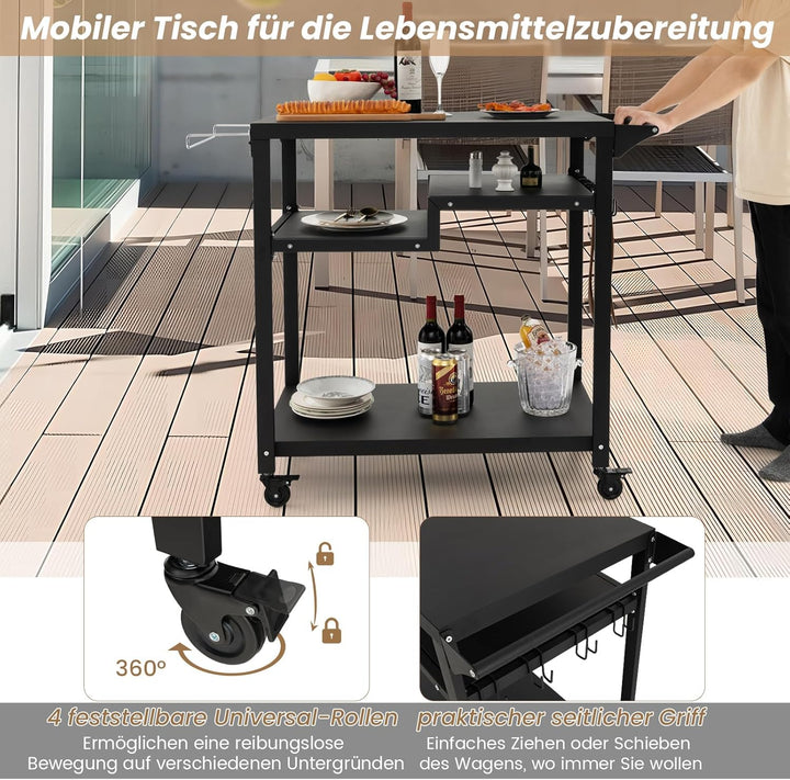 COSTWAY Grillwagen Grilltisch Outdoor, Pizzatisch mit 4 Ablagen & 4 Rollen & Haken, Grill Beistellti