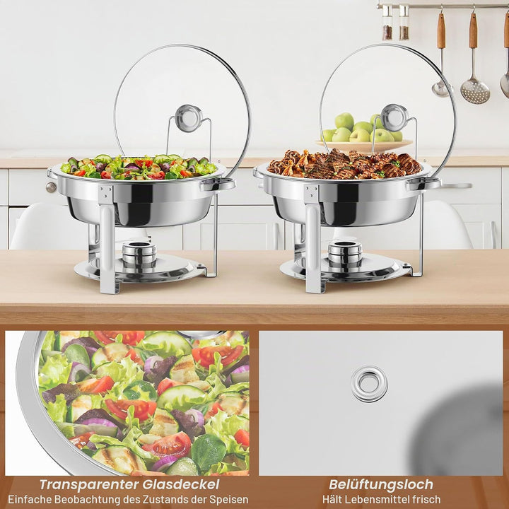 NArra 2er-Pack rundes 6L-Chafing-Dish-Buffet-Set, Speisenwärmer mit Glasabdeckung, Buffetwärmer, Buf