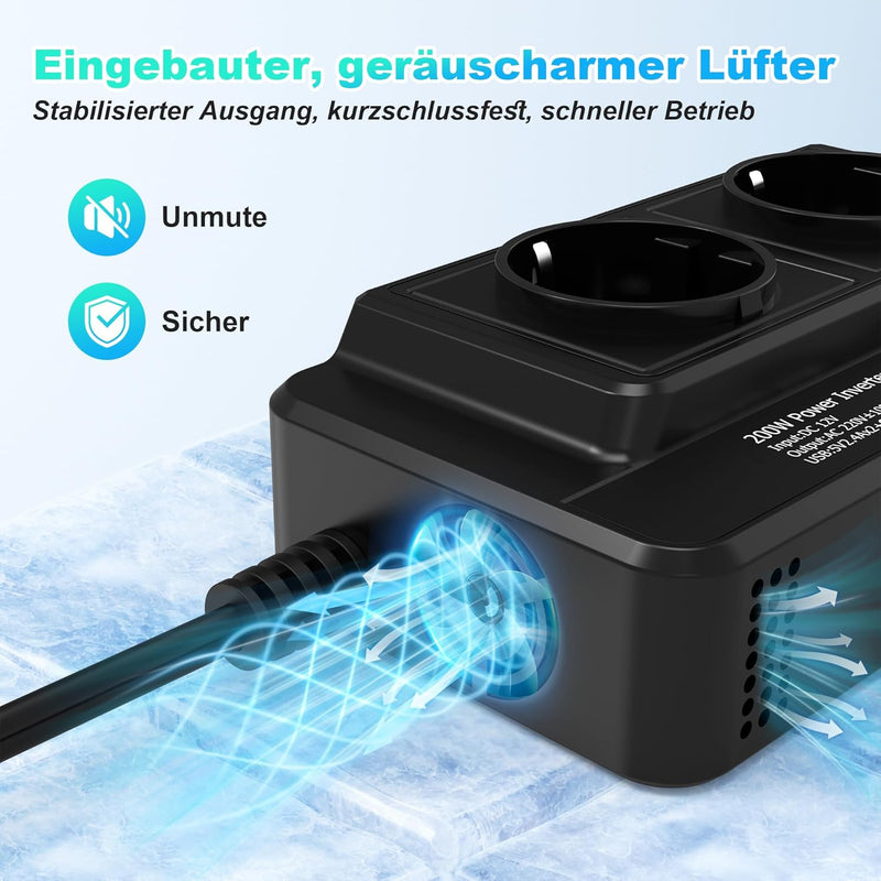 200W Auto Spannungswandler Wechselrichter DC 12V to AC 230V mit 2 Steckdosen und 4 USB Ports Schnell