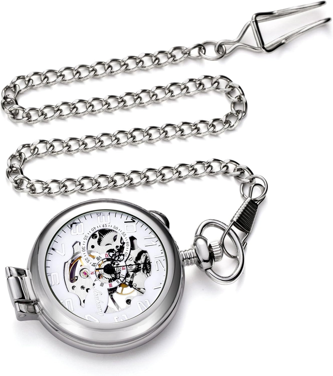TREEWETO Unisex Taschenuhr mit Kette Analog Handaufzug Stehende Lupe Skelett Silber