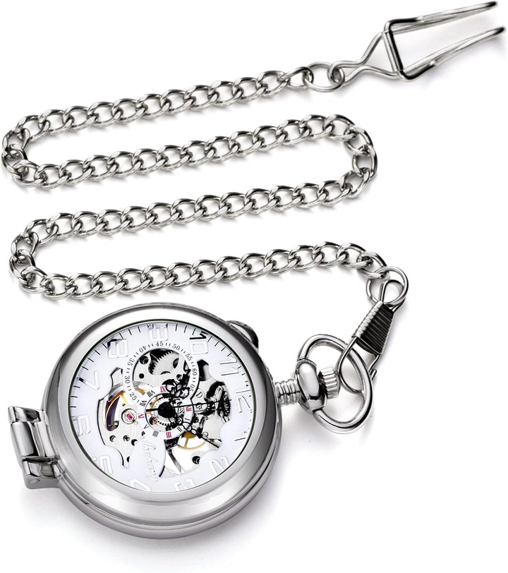 TREEWETO Unisex Taschenuhr mit Kette Analog Handaufzug Stehende Lupe Skelett Silber