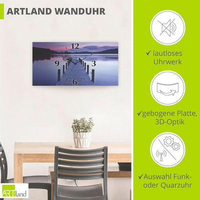 ARTLAND Wanduhr ohne Tickgeräusche Alu Funkuhr lautlos 60x30 cm Rechteckig Landschaft See Natur Wald