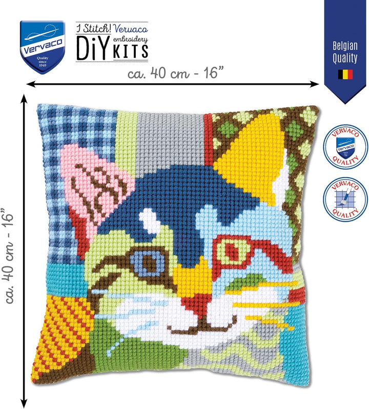 Vervaco Kreuzstichkissen Katze, Patchwork Stil, Stickbild vorgezeichnet Kreuzstichpackung Kissen, vo