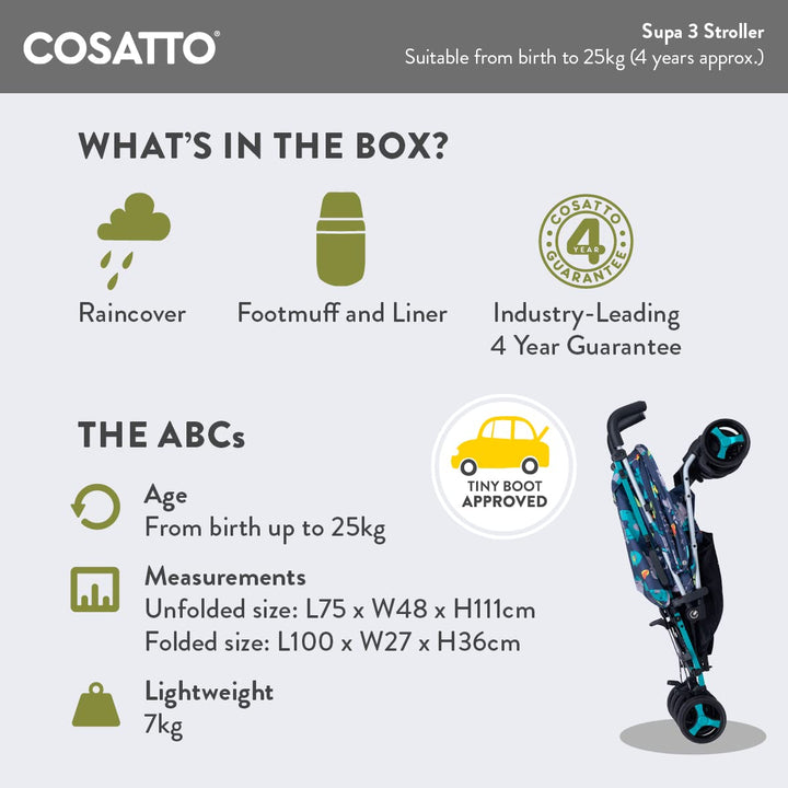 Cosatto Supa 3 Pushchair – Lightweight Stroller from Birth to 25kg - Compact Fold, Shopping Basket,