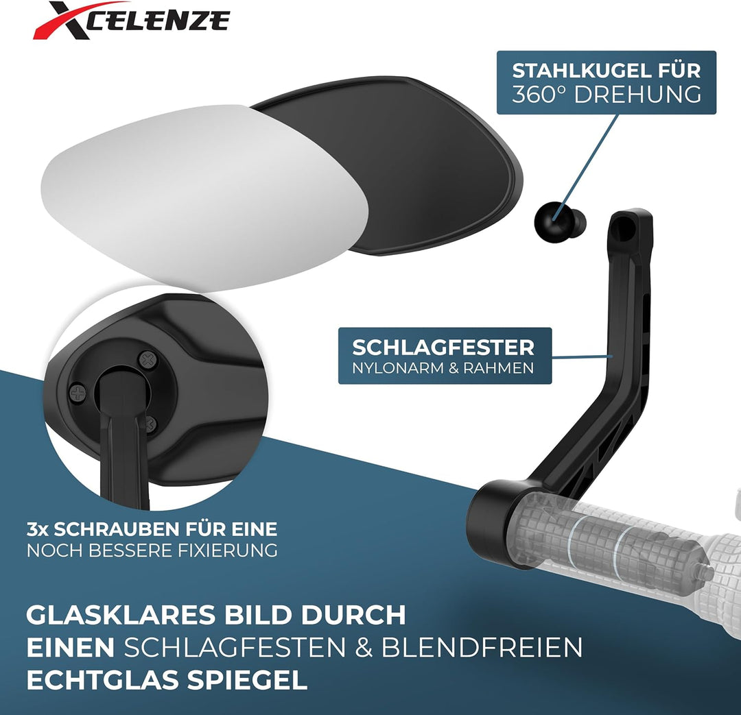 Xcelenze - Fahrradspiegel extra grosse Spiegelfläche |schlagfestes Echtglas| Fahrradspiegel für Lenk