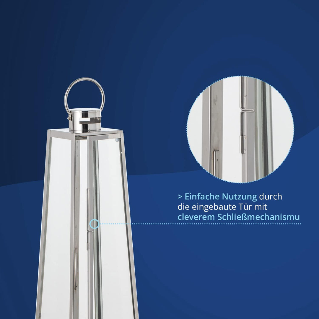 KHG Laterne 70 cm in Silber aus Stahl/Glas, pyramidenförmig, praktischer Tragegriff Kerzenständer, K