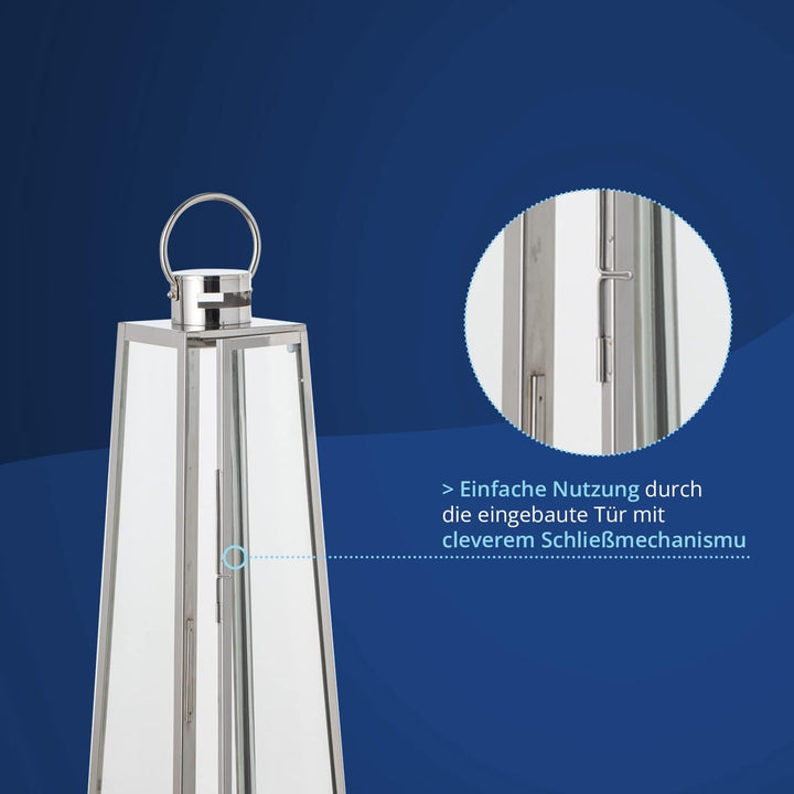 KHG Laterne 70 cm mit LED-Kerze in Silber aus Stahl/Glas, pyramidenförmig, praktischer Tragegriff Ke
