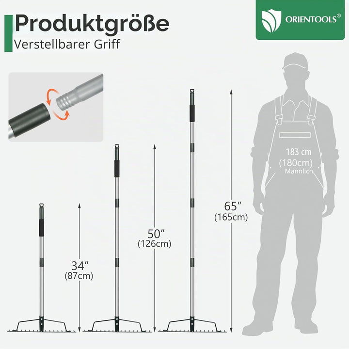ORIENTOOLS Gartenrechen, schwere Ausführung, 44 cm Breite, 160 cm Stiellänge, 1,7 kg für Boden locke