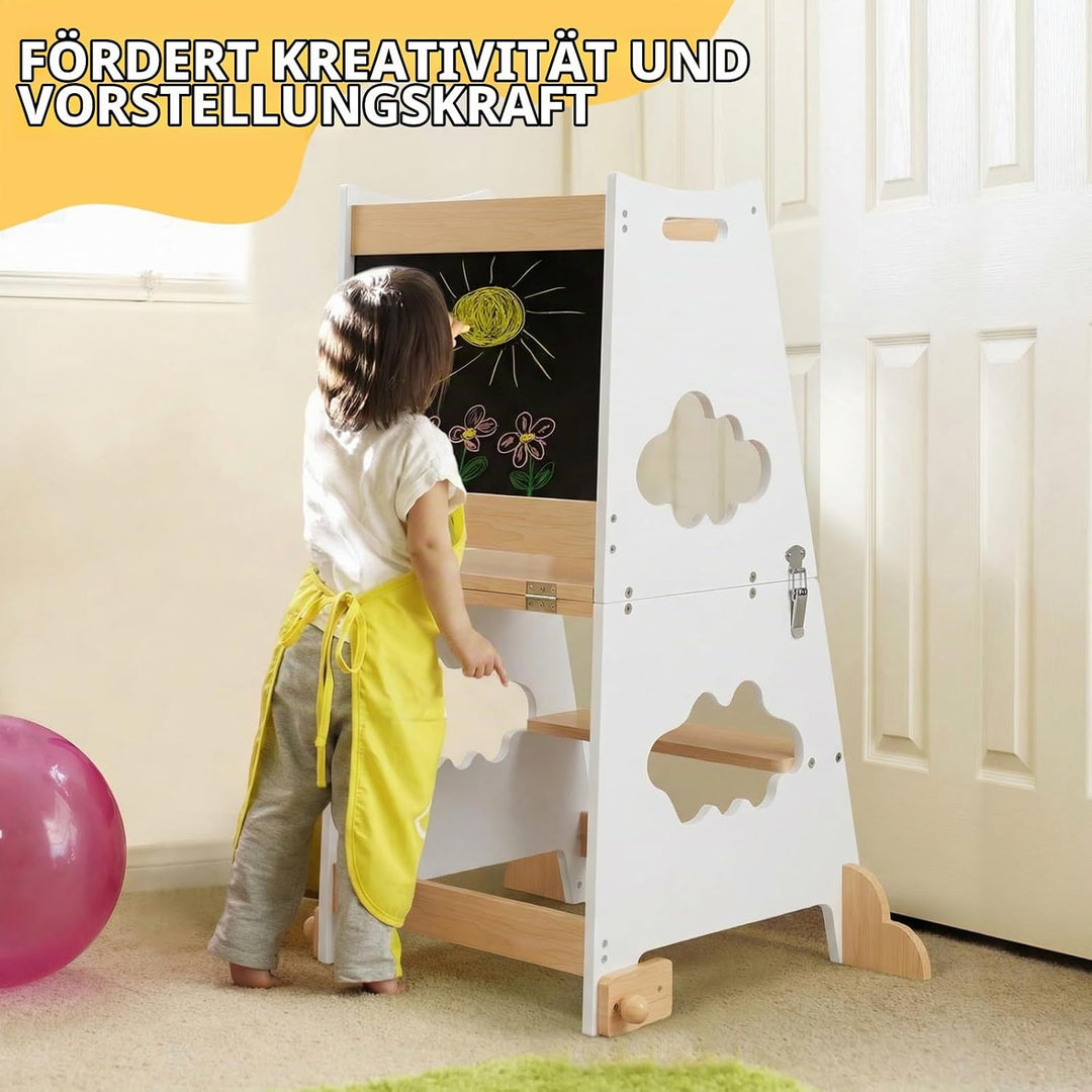 KIDINIX Lernturm ab 1 Jahr, 3 in 1 Montessori Learning Tower mit Sicherheitsgeländer und Tafel, Klap